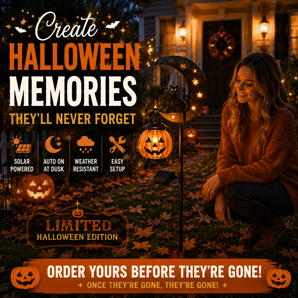 PumpkinMoon - Warm Glow · Weather-Resistant · Easy Stake Setup