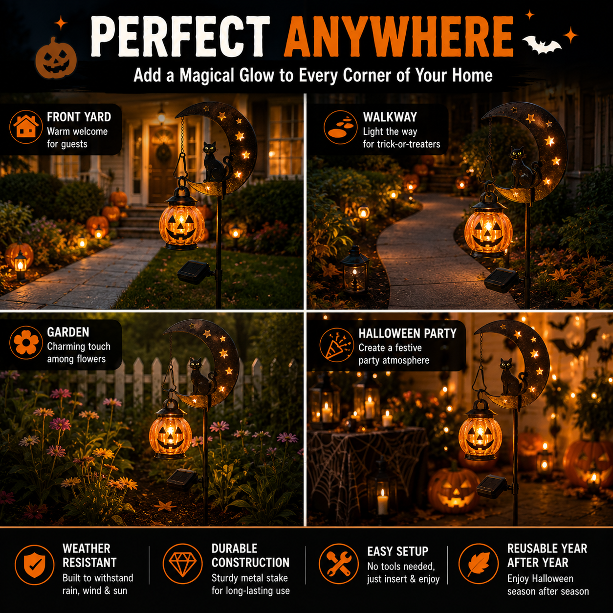PumpkinMoon - Warm Glow · Weather-Resistant · Easy Stake Setup