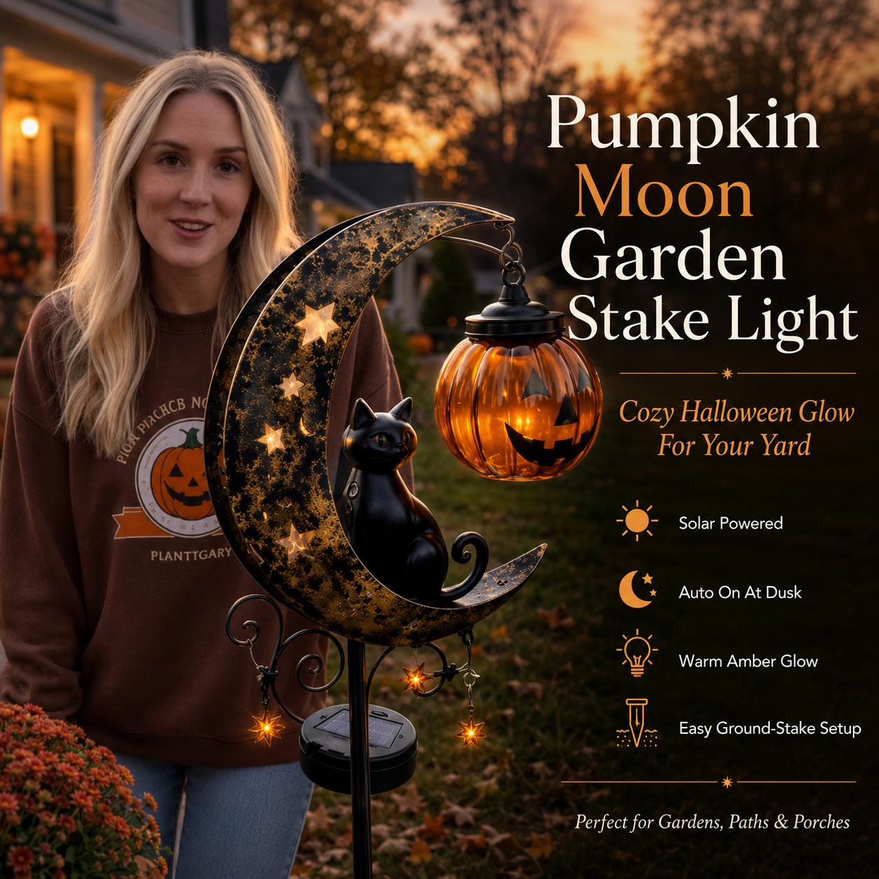 PumpkinMoon - Warm Glow · Weather-Resistant · Easy Stake Setup